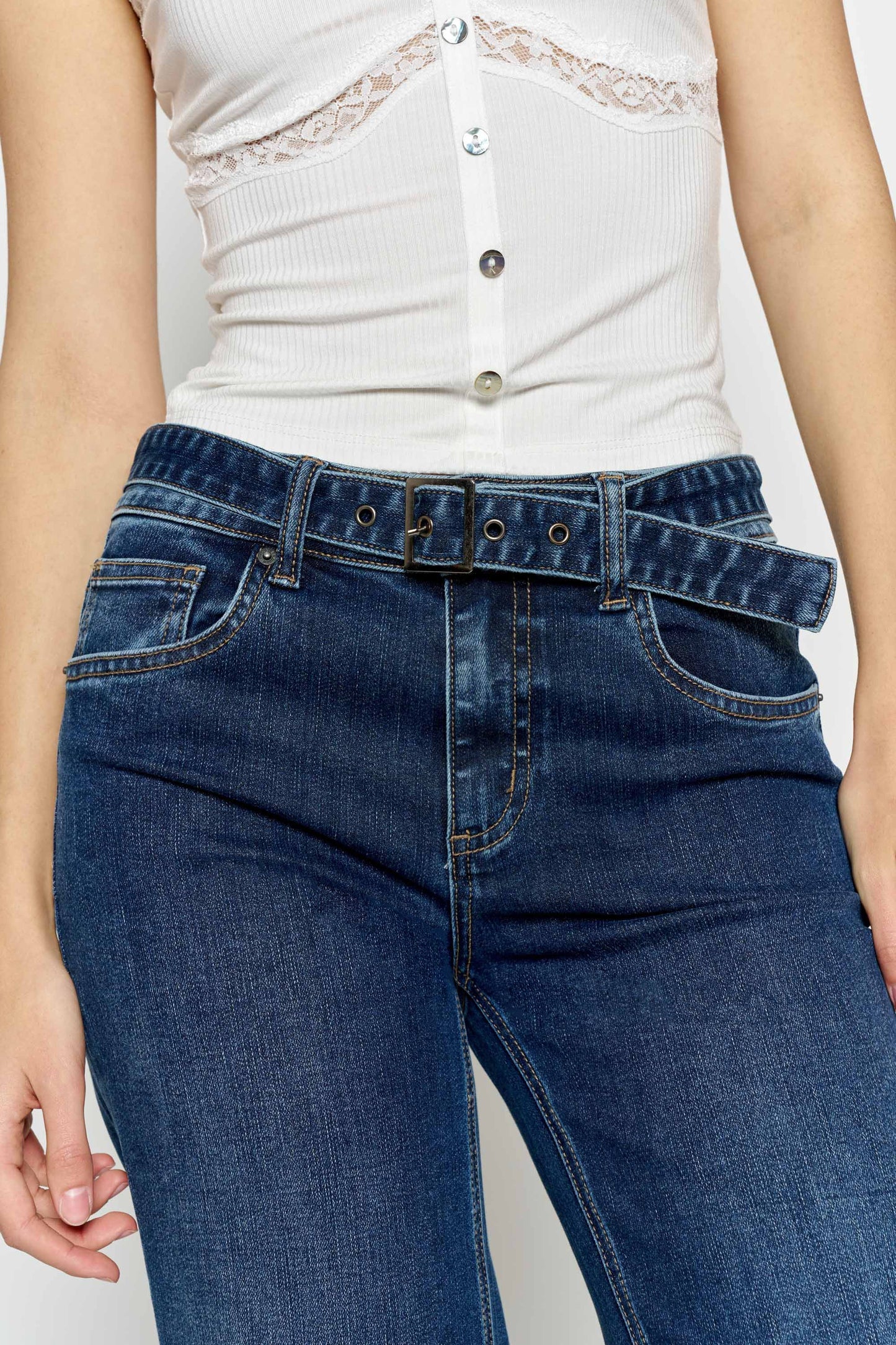High Rise Belted Wide Leg Jeans with Buckle Closure