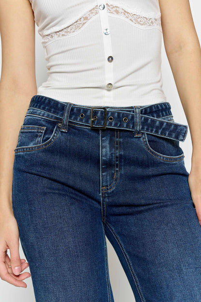 High Rise Belted Wide Leg Jeans with Buckle Closure