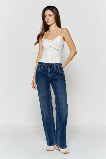 High Rise Belted Wide Leg Jeans with Buckle Closure