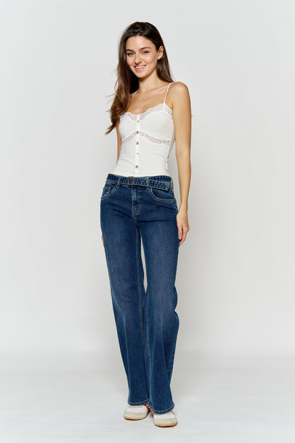 High Rise Belted Wide Leg Jeans with Buckle Closure