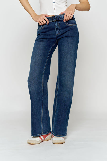 High Rise Belted Wide Leg Jeans with Buckle Closure