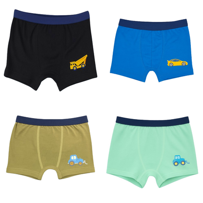 Boys' Cartoon Construction Cotton Boxer Briefs, Assorted Colors (4-Pack)