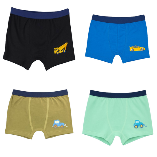 Boys' Cartoon Construction Cotton Boxer Briefs, Assorted Colors (4-Pack)