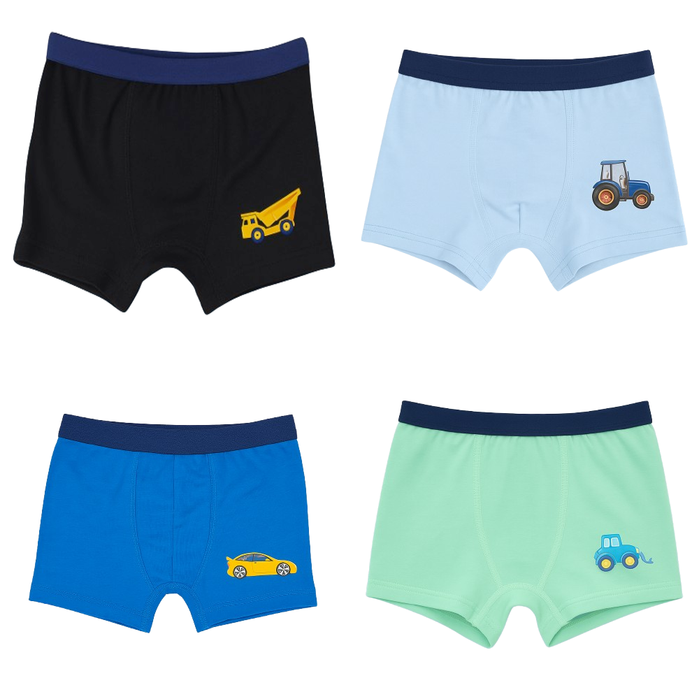 Boys' Cartoon Construction Cotton Boxer Briefs, Assorted Colors (4-Pack)