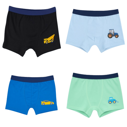 Boys' Cartoon Construction Cotton Boxer Briefs, Assorted Colors (4-Pack)