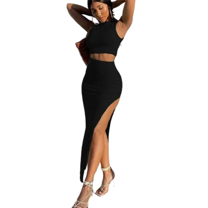 Women Fashion Sexy Round Neck Sleeveless Crop Top Split Skirt Two-Piece Set