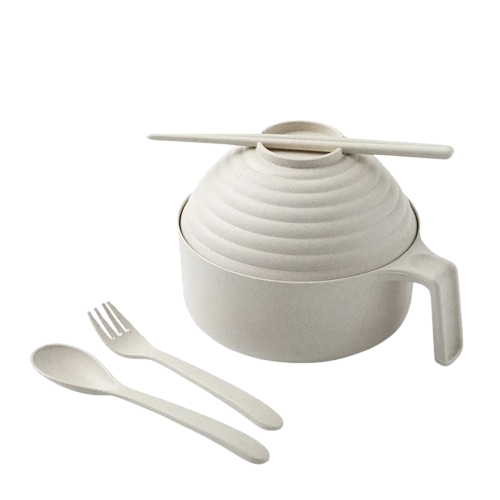 Safe Haven & CO Wheat Straw Instant Noodle Bowl with Lid, Handle, Fork, Spoon & Chopsticks