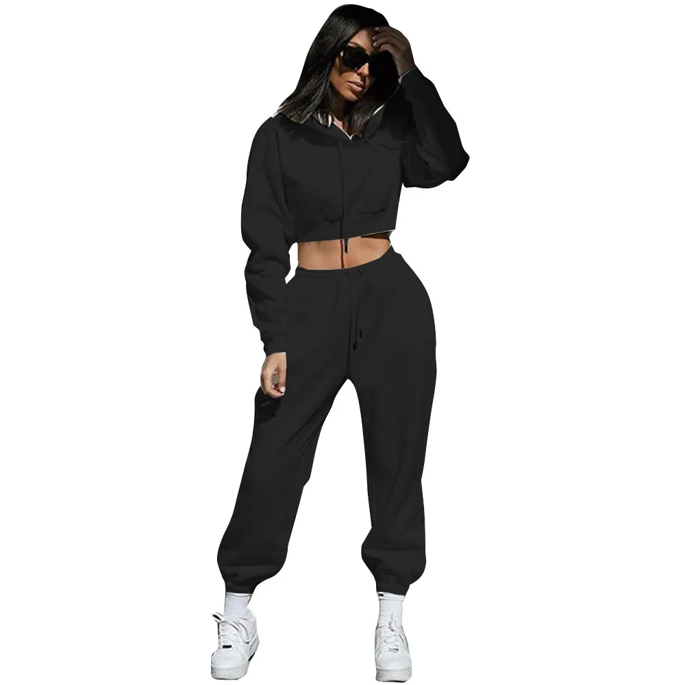 Women's 2-Piece Fleece-Lined Tracksuit Set, Cropped Hoodie with Jogger Pants, Casual Athletic Style