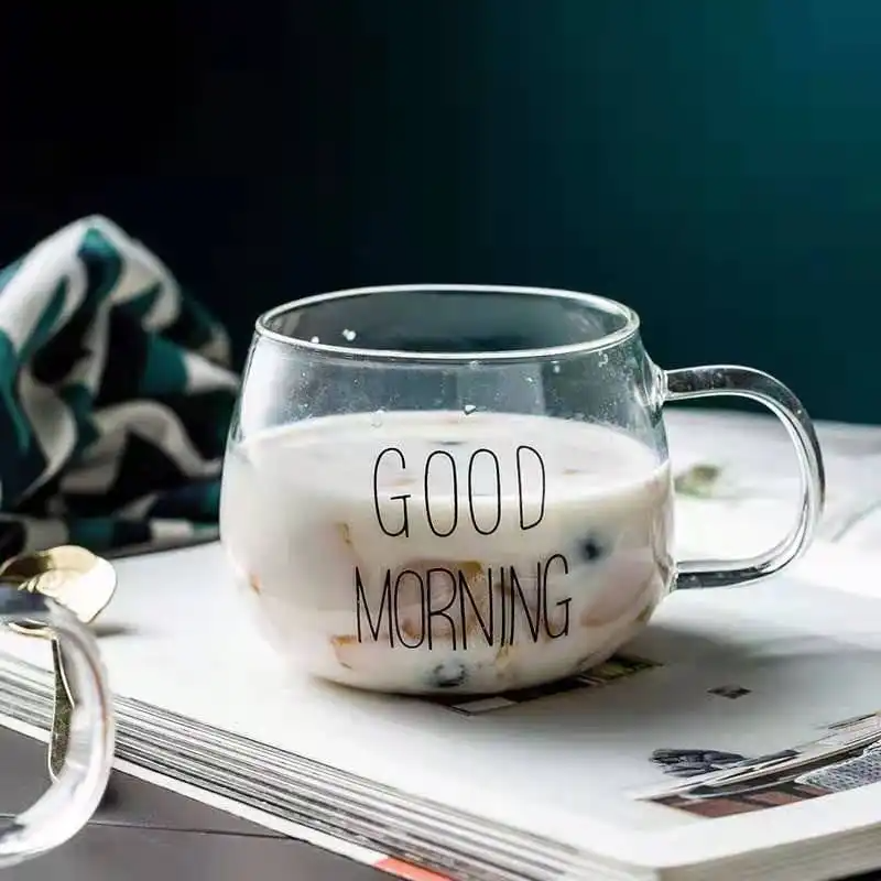 "Good Morning" Pattern Pot Belly Breakfast Mug