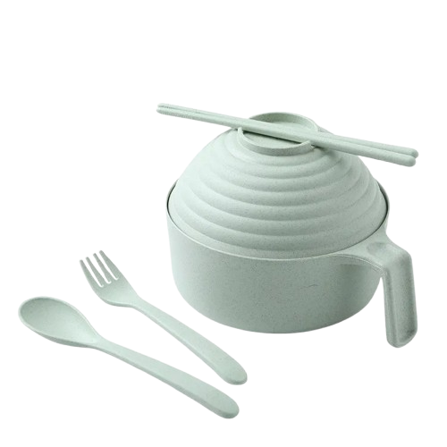 Safe Haven & CO Wheat Straw Instant Noodle Bowl with Lid, Handle, Fork, Spoon & Chopsticks
