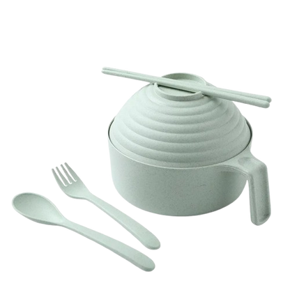 Safe Haven & CO Wheat Straw Instant Noodle Bowl with Lid, Handle, Fork, Spoon & Chopsticks