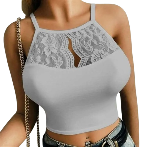 Women’s Lace Patchwork Sleeveless Halter Crop Top