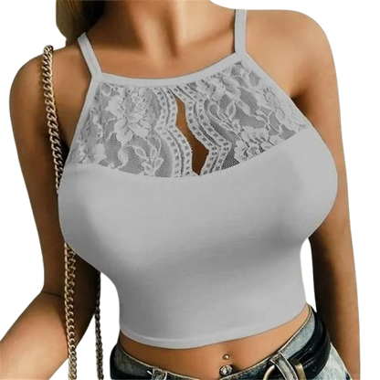 Women’s Lace Patchwork Sleeveless Halter Crop Top