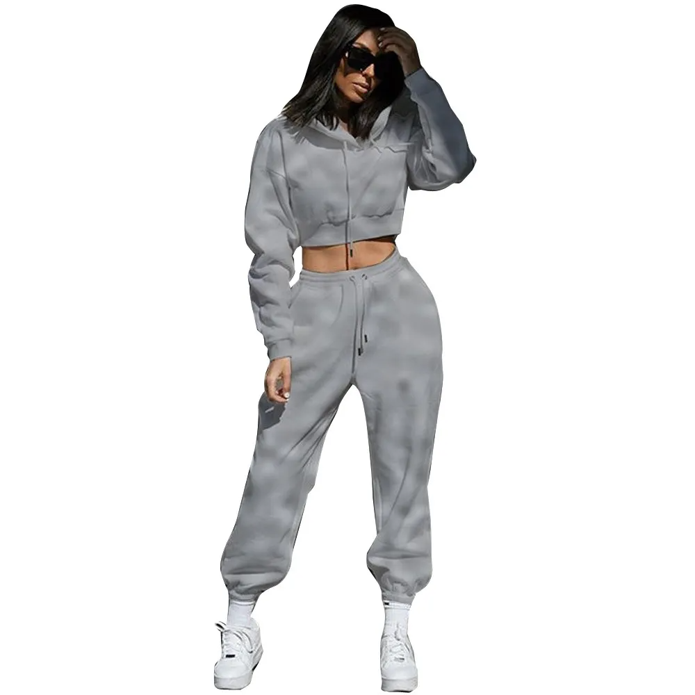 Women's 2-Piece Fleece-Lined Tracksuit Set, Cropped Hoodie with Jogger Pants, Casual Athletic Style