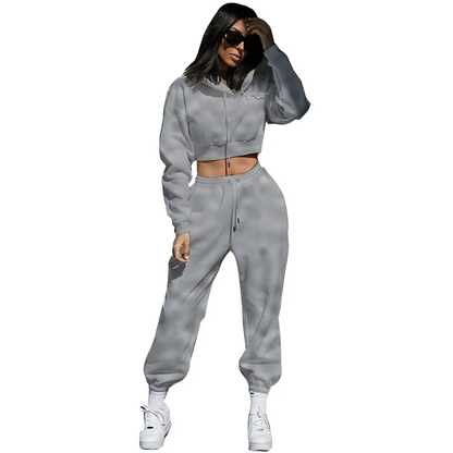 Women's 2-Piece Fleece-Lined Tracksuit Set, Cropped Hoodie with Jogger Pants, Casual Athletic Style