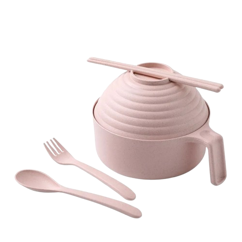 Safe Haven & CO Wheat Straw Instant Noodle Bowl with Lid, Handle, Fork, Spoon & Chopsticks