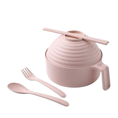 Safe Haven & CO Wheat Straw Instant Noodle Bowl with Lid, Handle, Fork, Spoon & Chopsticks