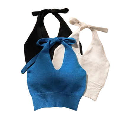 Women’s Knitted Halter Crop Top – Solid Color, Stretch Fit, One Size