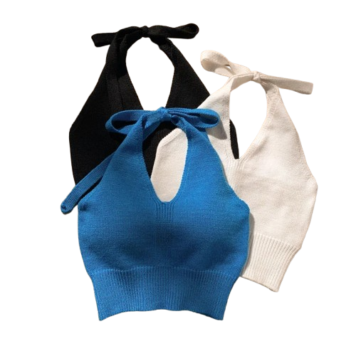 Women’s Knitted Halter Crop Top – Solid Color, Stretch Fit, One Size