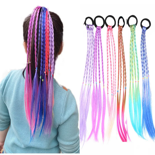 6-Pack Girls Colorful Braided Ponytail Hair Extensions – Elastic Hair Ties with Long Synthetic Braids
