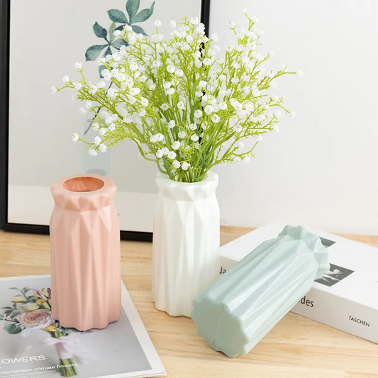Modern Minimalist Subtle Tree-Bark Light Green, White, Pink Geometric Vases, Set of 3