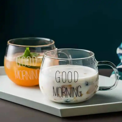 "Good Morning" Pattern Pot Belly Breakfast Mug