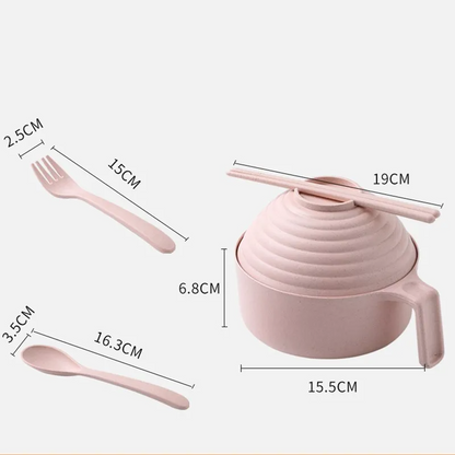 Safe Haven & CO Wheat Straw Instant Noodle Bowl with Lid, Handle, Fork, Spoon & Chopsticks