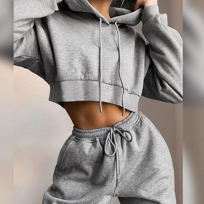 Women's 2-Piece Fleece-Lined Tracksuit Set, Cropped Hoodie with Jogger Pants, Casual Athletic Style