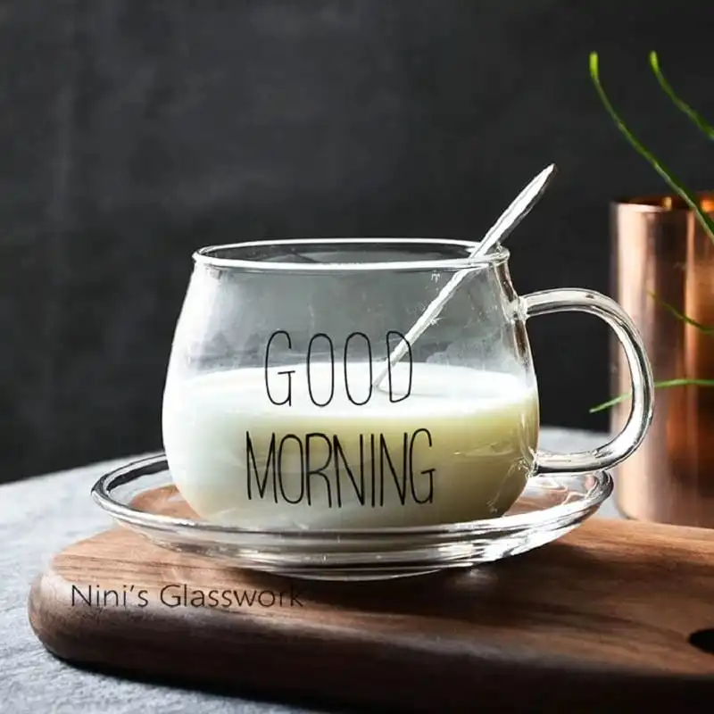 "Good Morning" Pattern Pot Belly Breakfast Mug