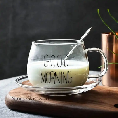 "Good Morning" Pattern Pot Belly Breakfast Mug