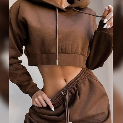 Women's 2-Piece Fleece-Lined Tracksuit Set, Cropped Hoodie with Jogger Pants, Casual Athletic Style