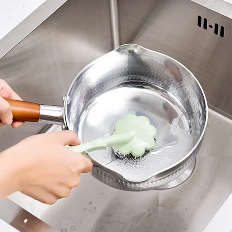 Long Handle Steel Wire Dishwashing Scrubber Brushes – Flower-Shaped Kitchen Cleaning Brush – 3-Pack