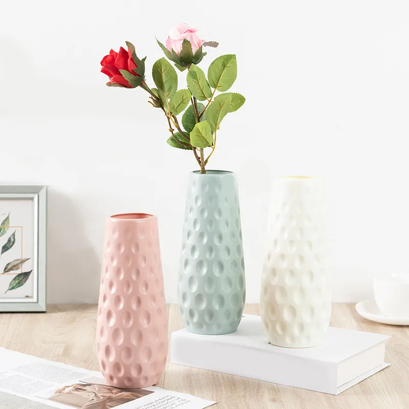 Modern Minimalist Subtle Tree-Bark Light Green, White, Pink Geometric Vases, Set of 3