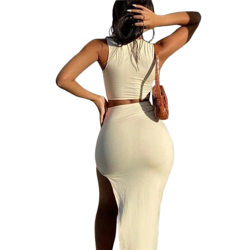 Women Fashion Sexy Round Neck Sleeveless Crop Top Split Skirt Two-Piece Set