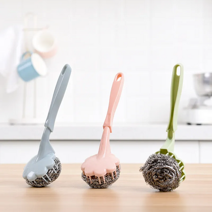 Long Handle Steel Wire Dishwashing Scrubber Brushes – Flower-Shaped Kitchen Cleaning Brush – 3-Pack