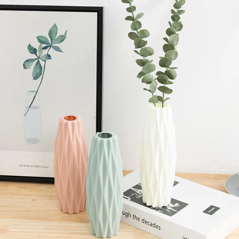 Modern Minimalist Subtle Tree-Bark Light Green, White, Pink Geometric Vases, Set of 3