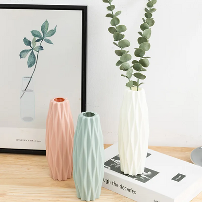 Modern Minimalist Subtle Tree-Bark Light Green, White, Pink Geometric Vases, Set of 3