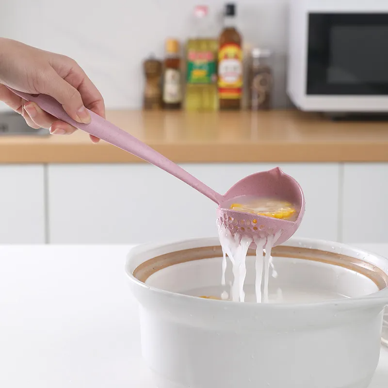 3-Pack Wheat Straw 2-in-1 Soup Ladle & Strainer Spoons – Multi-Purpose Kitchen Serving Utensils