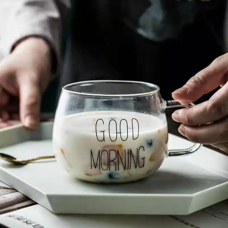 "Good Morning" Pattern Pot Belly Breakfast Mug