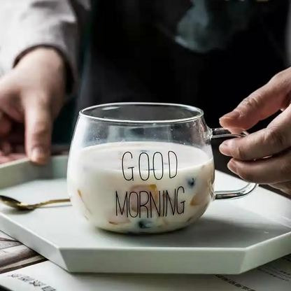 "Good Morning" Pattern Pot Belly Breakfast Mug