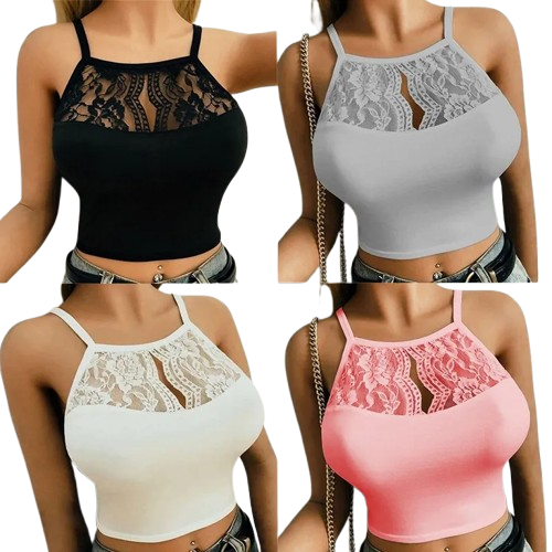 Women’s Lace Patchwork Sleeveless Halter Crop Top