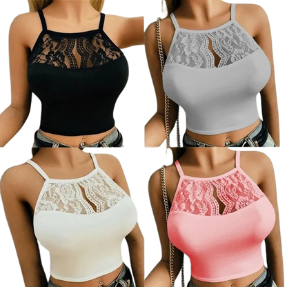 Women’s Lace Patchwork Sleeveless Halter Crop Top