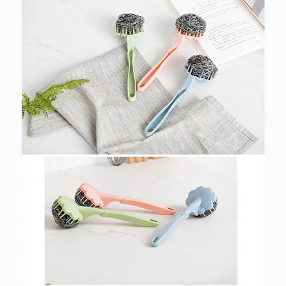 Long Handle Steel Wire Dishwashing Scrubber Brushes – Flower-Shaped Kitchen Cleaning Brush – 3-Pack