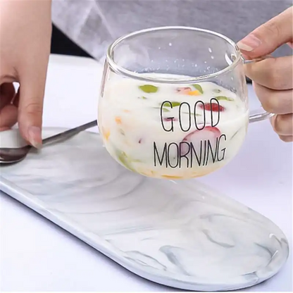 "Good Morning" Pattern Pot Belly Breakfast Mug