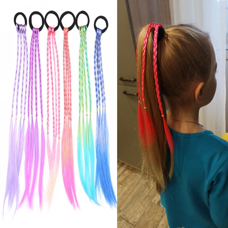 6-Pack Girls Colorful Braided Ponytail Hair Extensions – Elastic Hair Ties with Long Synthetic Braids