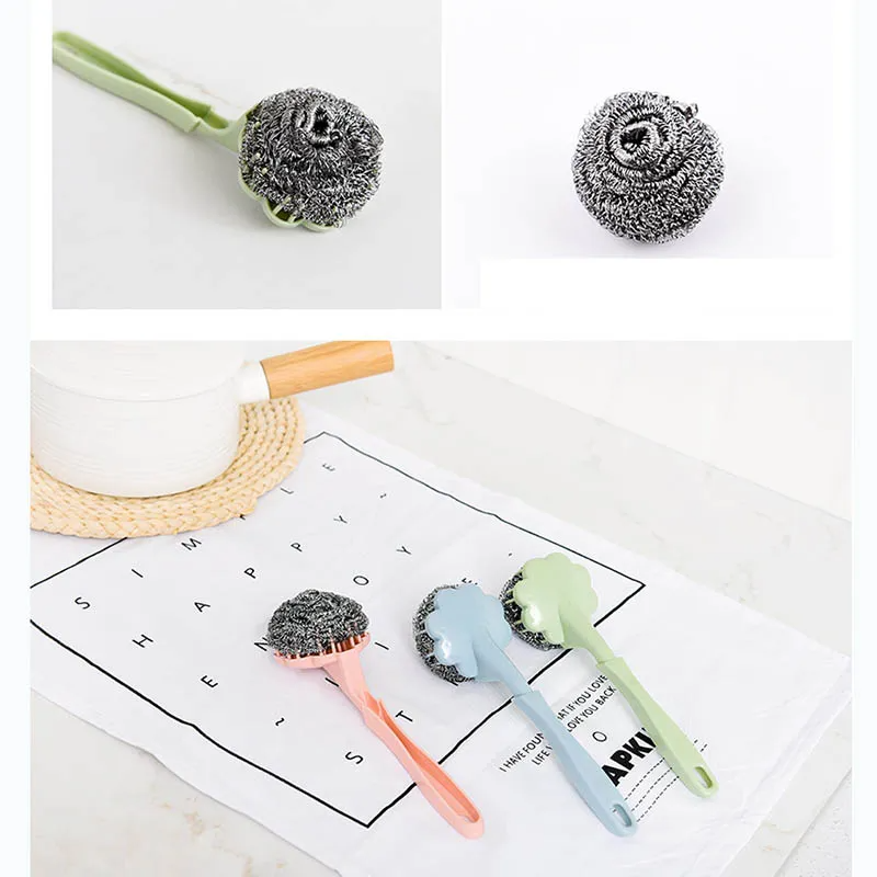 Long Handle Steel Wire Dishwashing Scrubber Brushes – Flower-Shaped Kitchen Cleaning Brush – 3-Pack