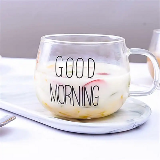 "Good Morning" Pattern Pot Belly Breakfast Mug