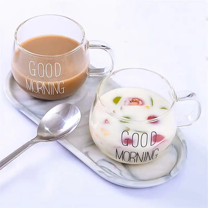 "Good Morning" Pattern Pot Belly Breakfast Mug