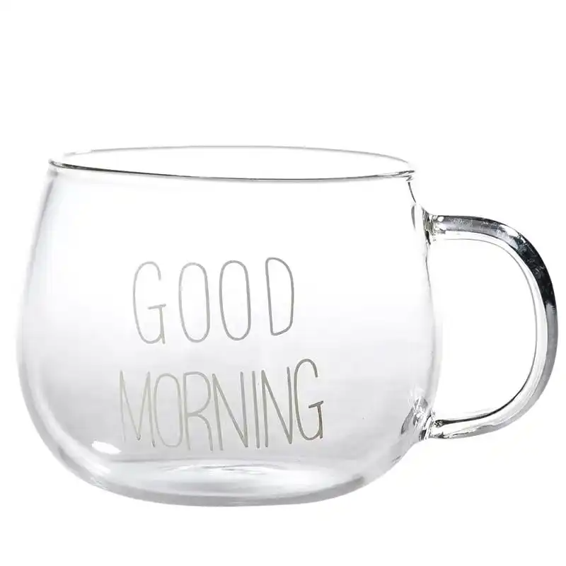 "Good Morning" Pattern Pot Belly Breakfast Mug