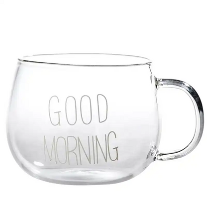 "Good Morning" Pattern Pot Belly Breakfast Mug